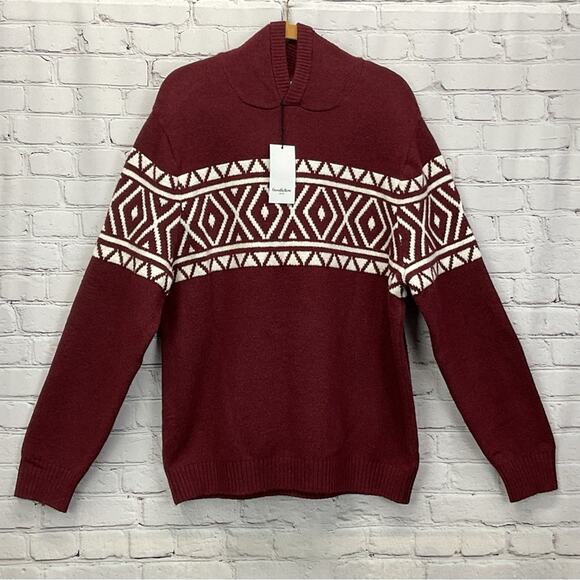 Goodfellow Knit Hooded Sweater Men's Size XL Burgundy/White Pullover Soft Preppy - Picture 2 of 10